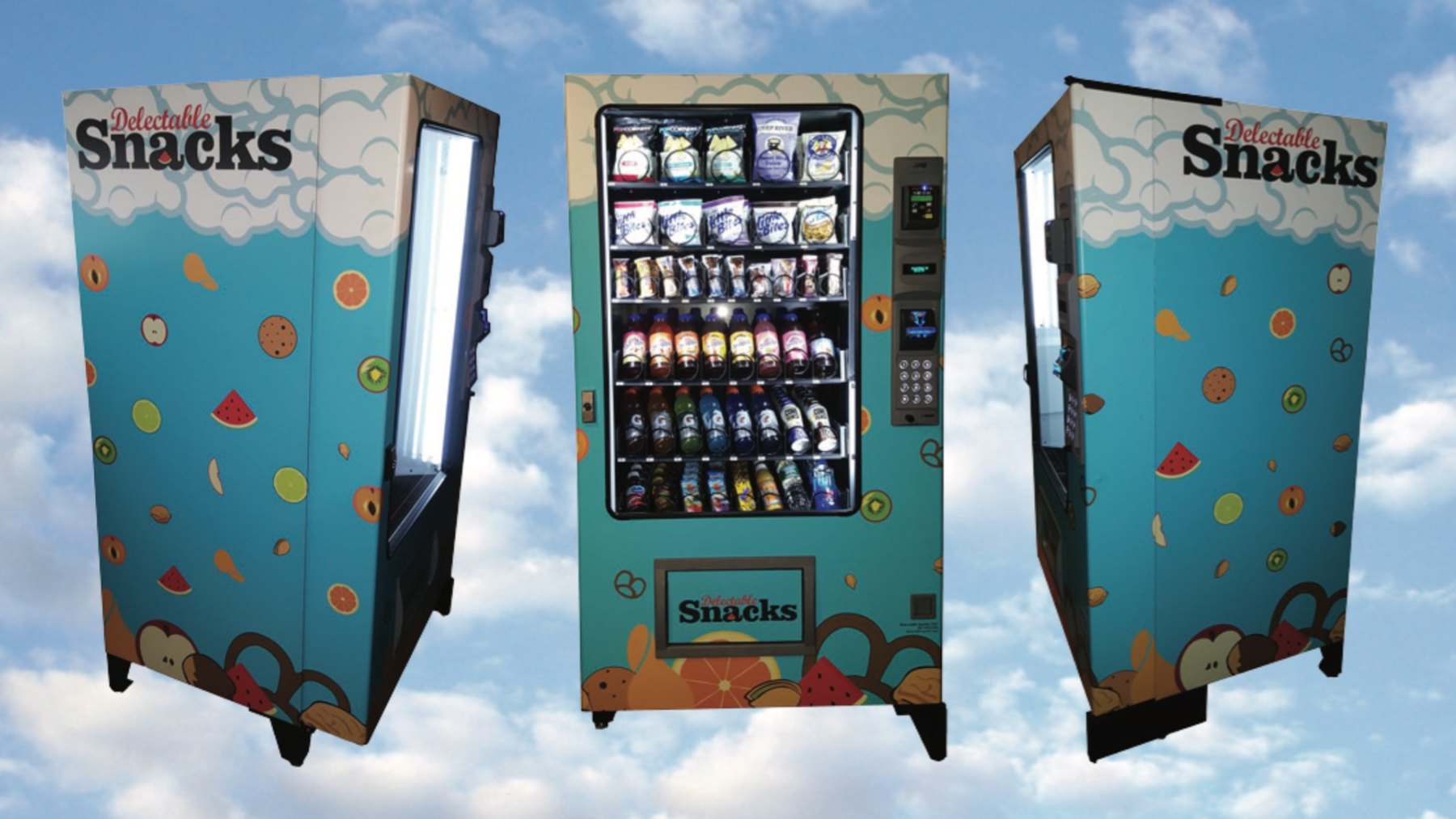 Three views of a Delectable Snacks vending machine with a bright sky background